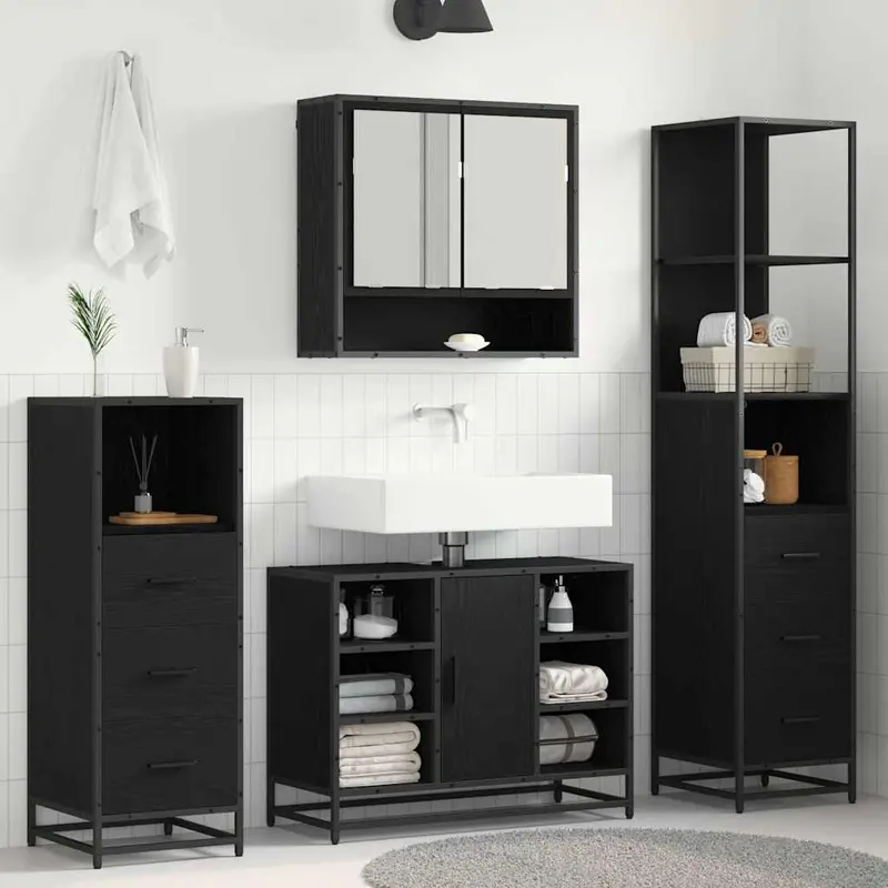 Juego de muebles de baño 3 pcs Roble Negro Madera de ingeniería