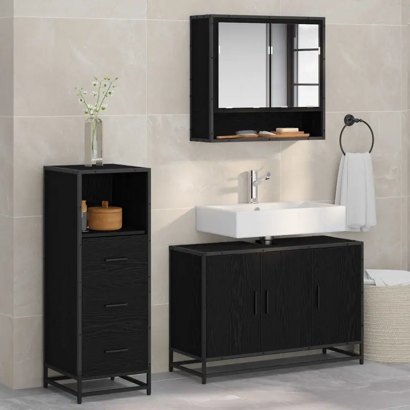 Juego de muebles de baño 3 pcs Roble Negro Madera de ingeniería