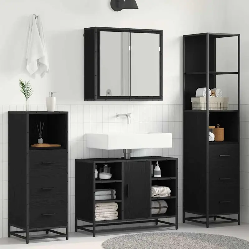 Juego de muebles de baño 3 pcs Roble Negro Madera de ingeniería