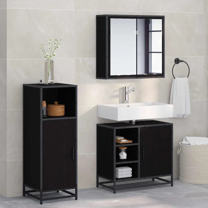 Juego de muebles de baño 3 pcs Roble Negro Madera de ingeniería