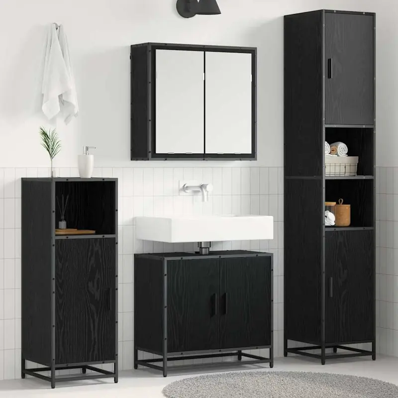 Juego de muebles de baño 3 pcs Roble Negro Madera de ingeniería