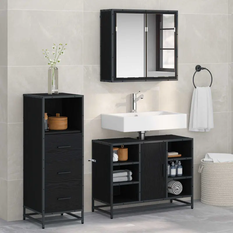 Juego de muebles de baño 3 pcs Roble Negro Madera de ingeniería