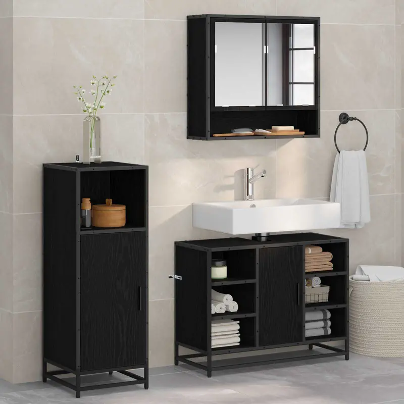 Juego de muebles de baño 3 pcs Roble Negro Madera de ingeniería
