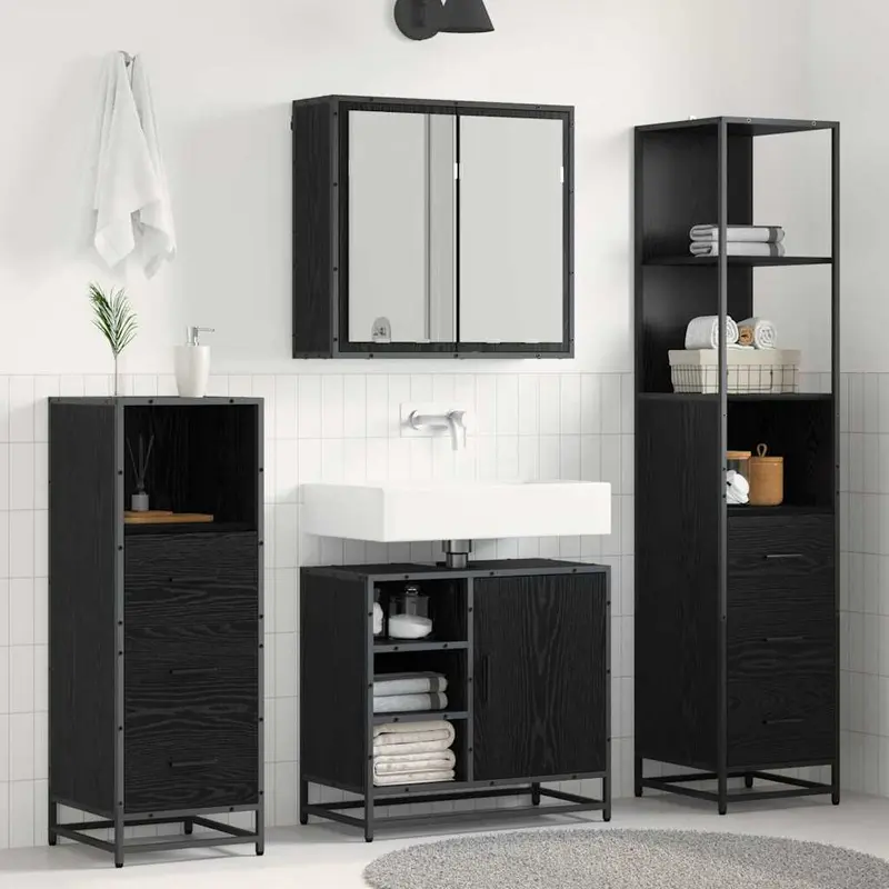 Juego de muebles de baño 3 pcs Roble Negro Madera de ingeniería