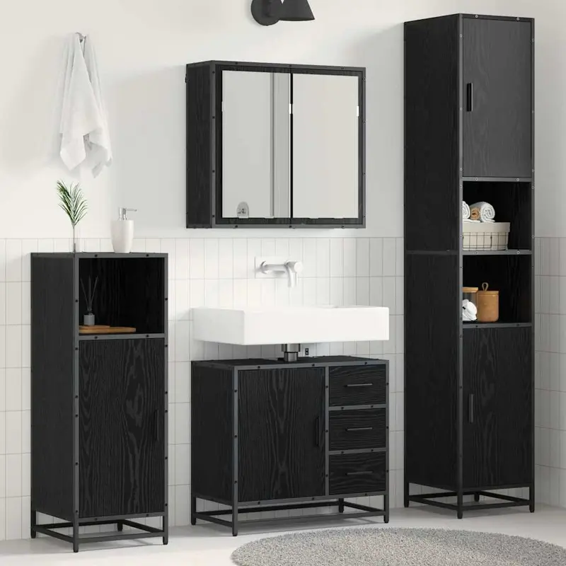 Juego de muebles de baño 3 pcs Roble Negro Madera de ingeniería
