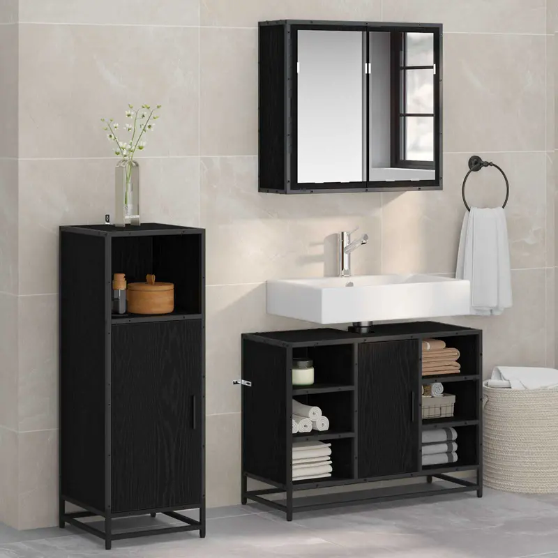 Juego de muebles de baño 3 pcs Roble Negro Madera de ingeniería