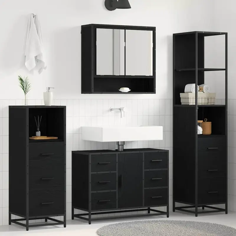 Juego de muebles de baño 3 pcs Roble Negro Madera de ingeniería