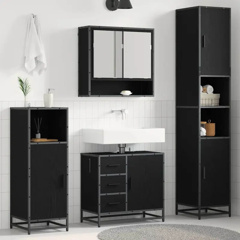 Juego de muebles de baño 3 pcs Roble Negro Madera de ingeniería