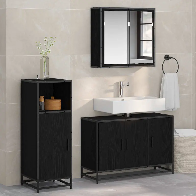 Juego de muebles de baño 3 pcs Roble Negro Madera de ingeniería