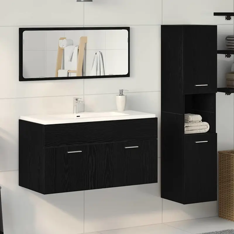 Juego de muebles de baño 3 pcs Roble Negro Madera de ingeniería