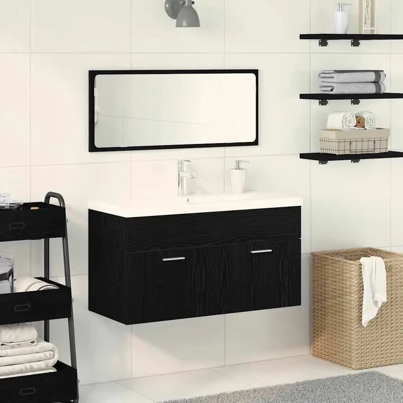 Juego de muebles de baño 3 pcs Roble Negro Madera de ingeniería