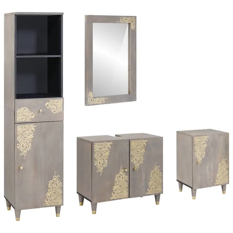Juego de Muebles de Baño 4 pcs Gris Madera de mango maciza