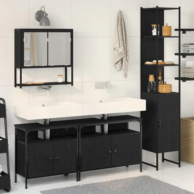 Juego de muebles de baño 4 pcs Roble negro Madera contrachapada