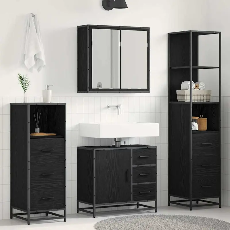 Juego de muebles de baño 4 pcs Roble Negro Madera contrachapada