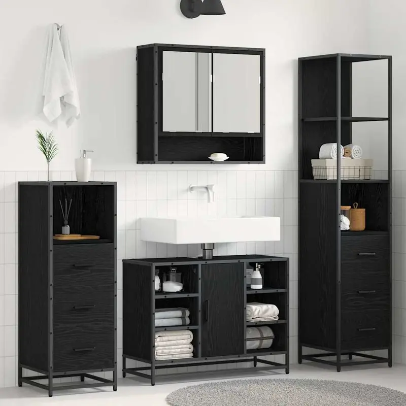 Juego de muebles de baño 4 pcs Roble Negro Madera contrachapada