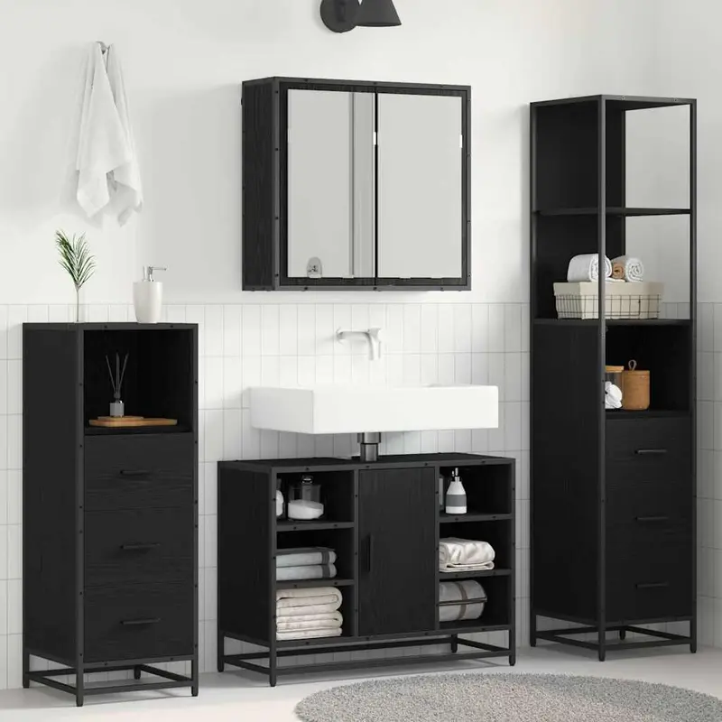 Juego de muebles de baño 4 pcs Roble Negro Madera contrachapada