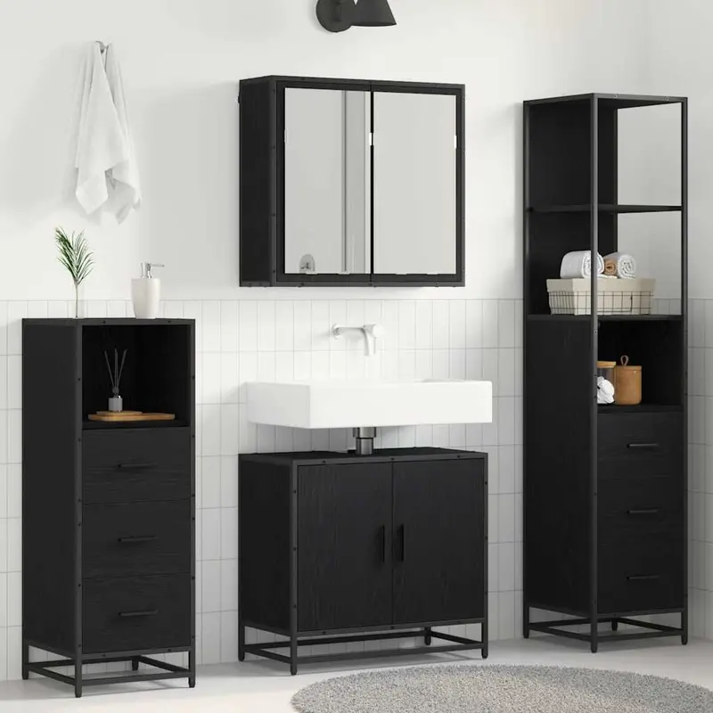 Juego de muebles de baño 4 pcs Roble Negro Madera contrachapada