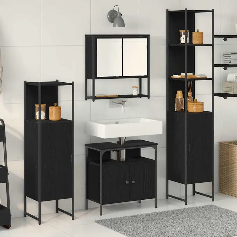 Juego de muebles de baño 4 pcs Roble Negro Madera contrachapada