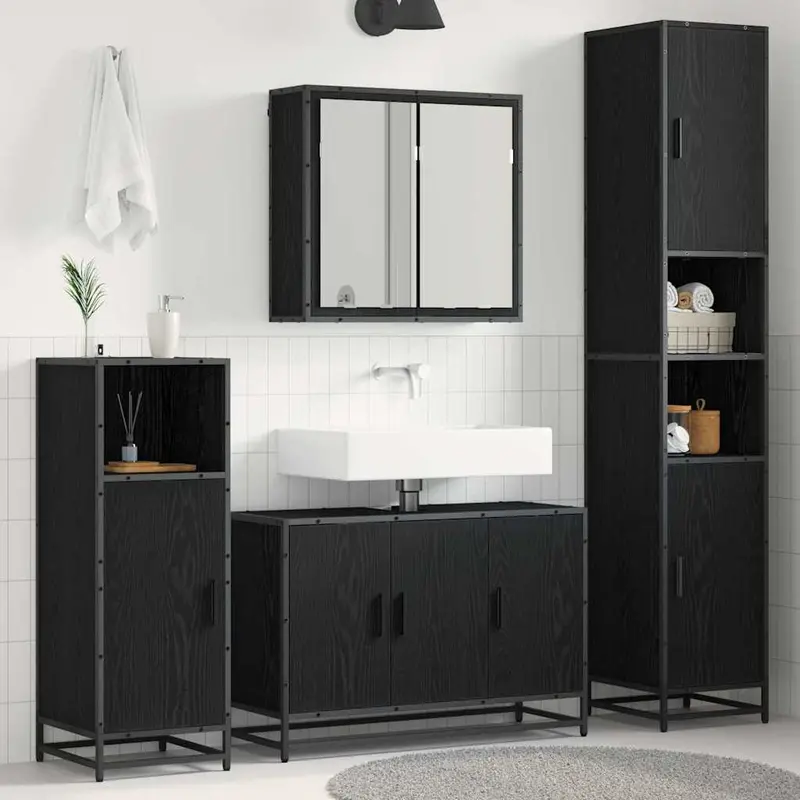 Juego de muebles de baño 4 pcs Roble Negro Madera contrachapada