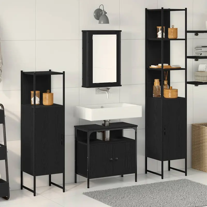 Juego de muebles de baño 4 pcs Roble negro Madera contrachapada
