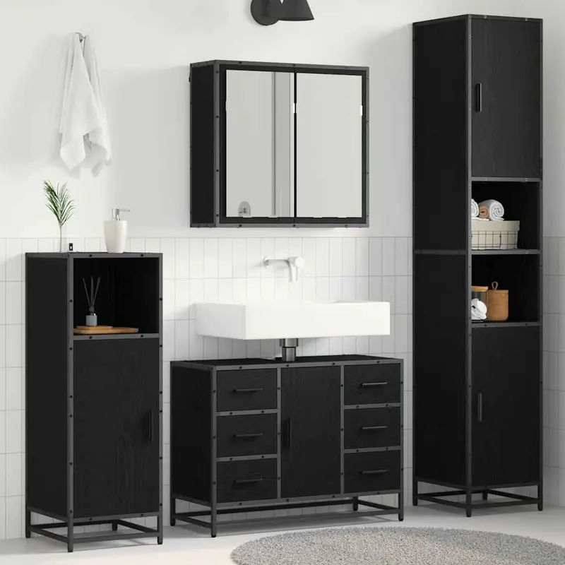 Juego de muebles de baño 4 pcs Roble Negro Madera contrachapada