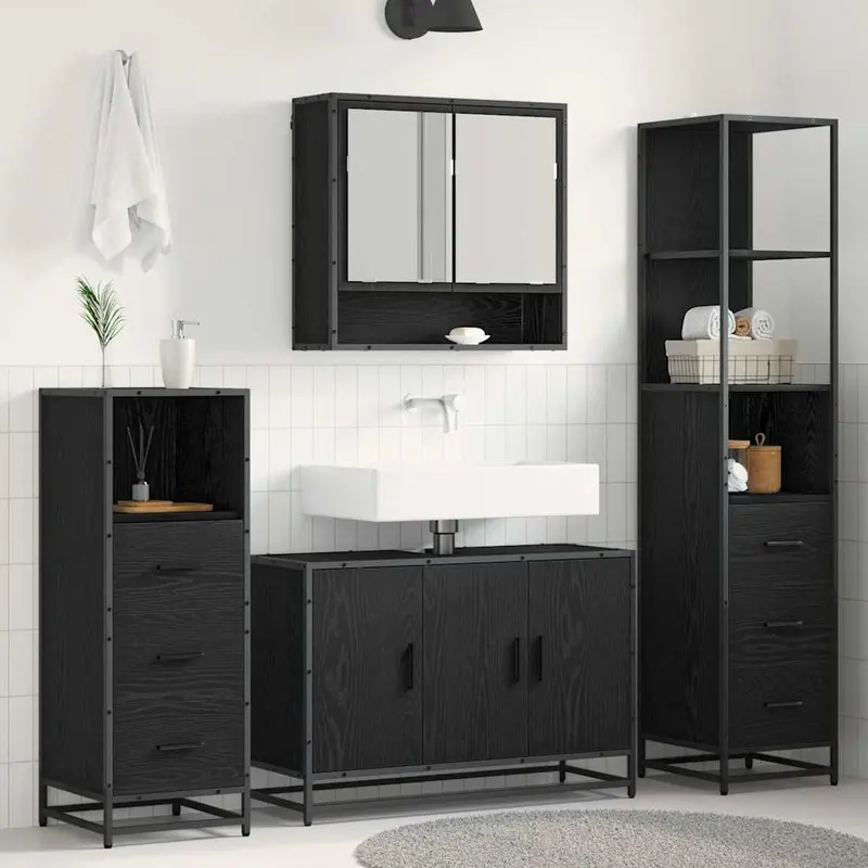 Juego de muebles de baño 4 pcs Roble Negro Madera contrachapada