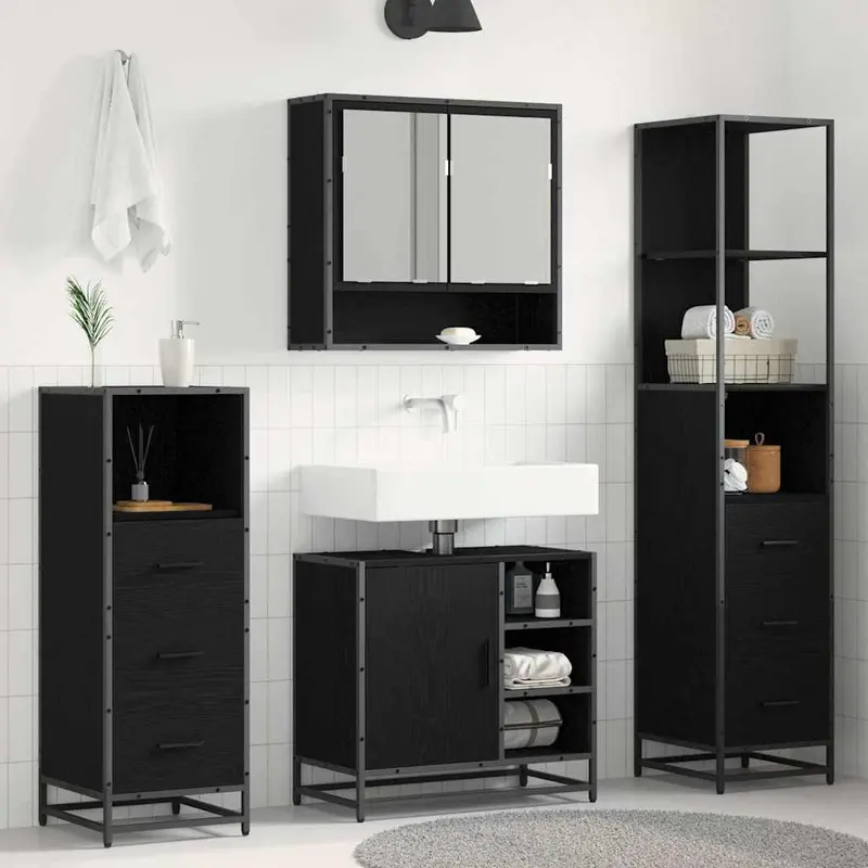 Juego de muebles de baño 4 pcs Roble Negro Madera de ingeniería