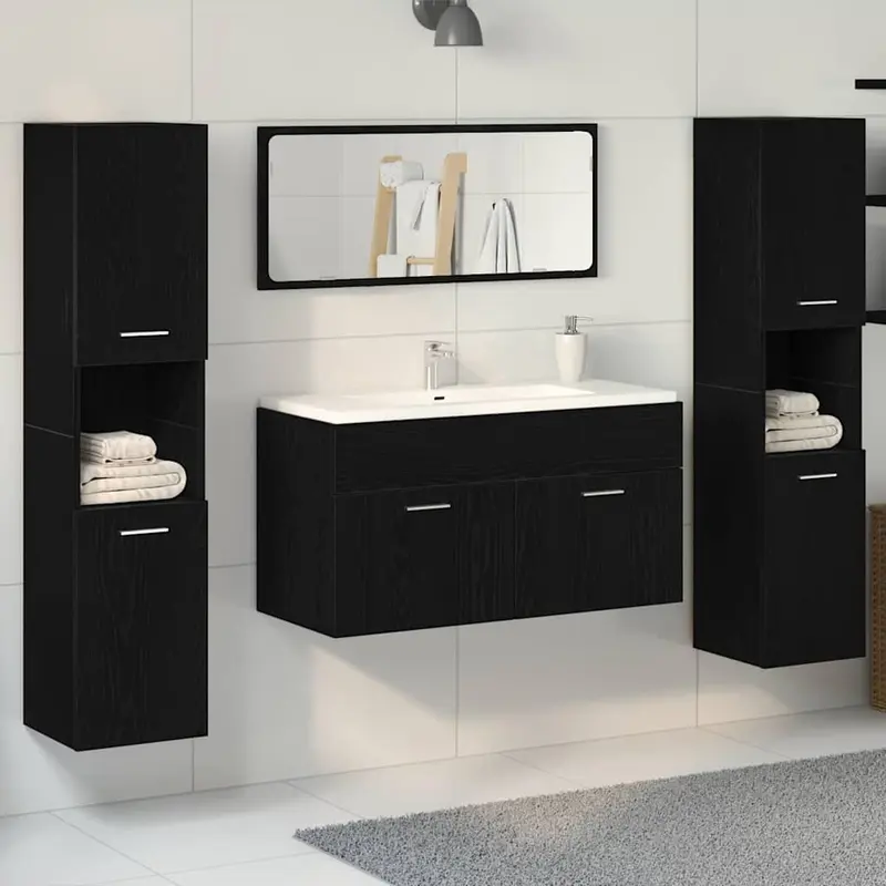 Juego de muebles de baño 4 pcs Roble Negro Madera de ingeniería