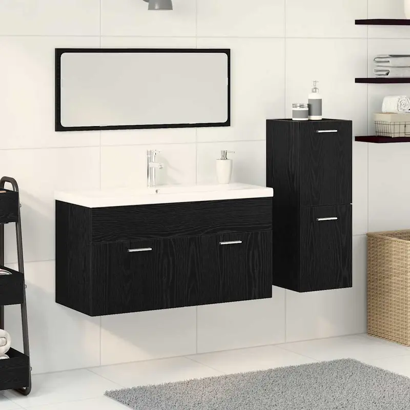 Juego de muebles de baño 4 pcs Roble Negro Madera de ingeniería