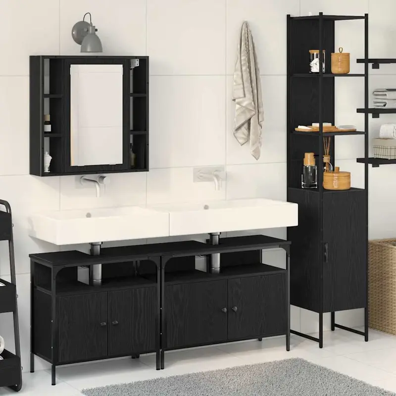 Juego de muebles de baño 4 pcs Roble Negro Madera de ingeniería