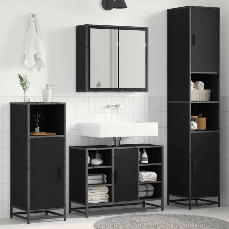Juego de muebles de baño 4 pcs Roble Negro Madera de ingeniería