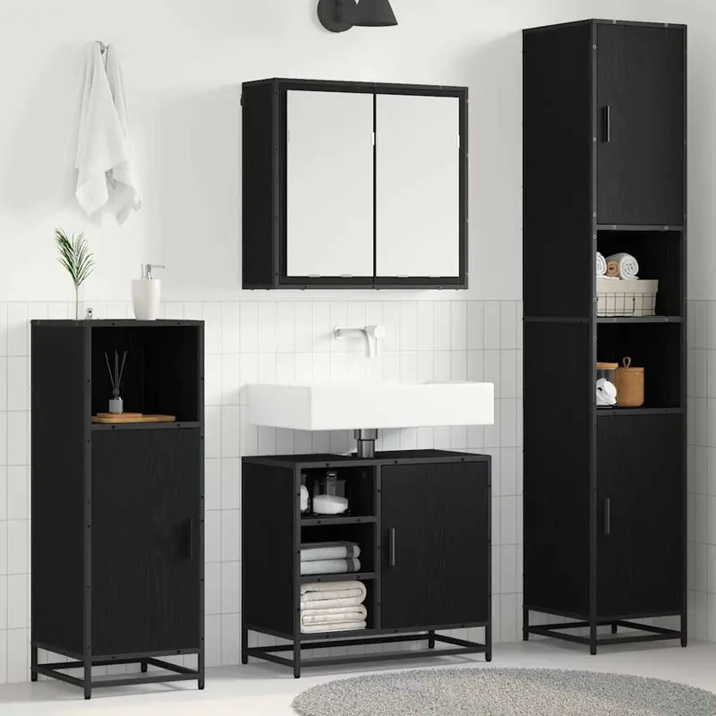 Juego de muebles de baño 4 pcs Roble Negro Madera de ingeniería