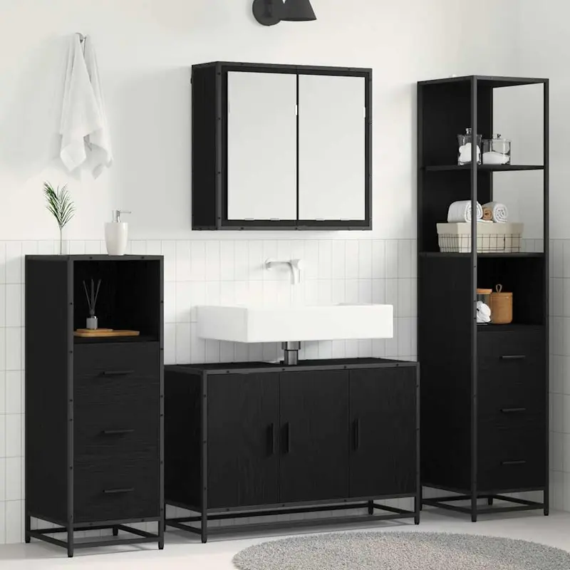 Juego de muebles de baño 4 pcs Roble Negro Madera de ingeniería