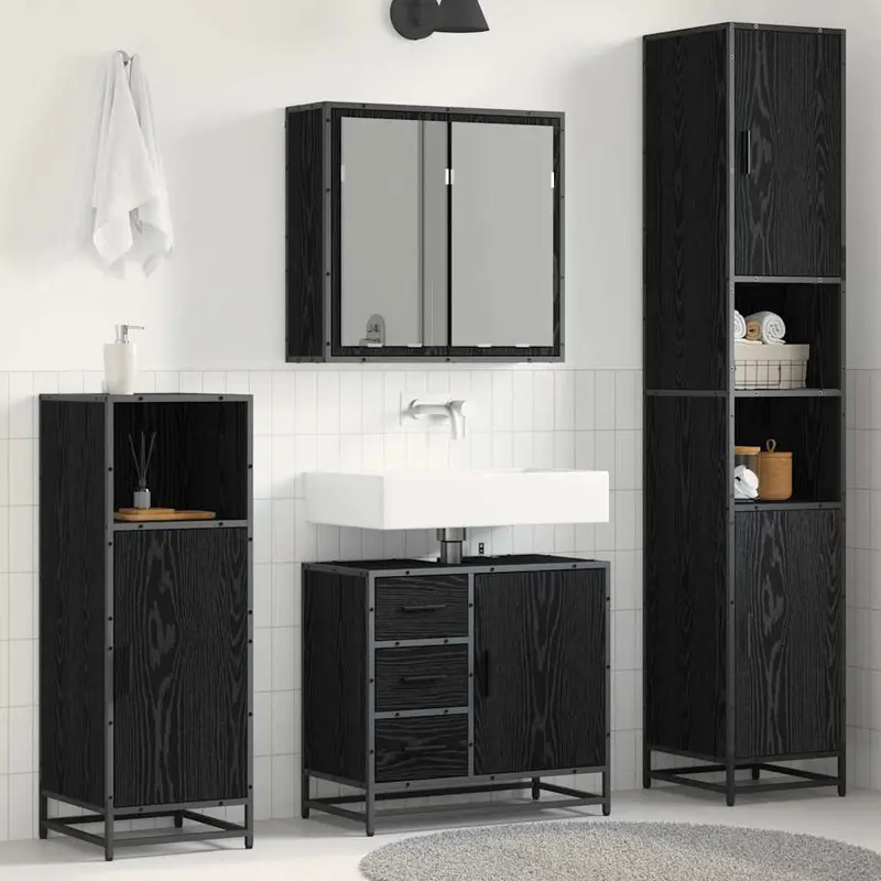 Juego de muebles de baño 4 pcs Roble Negro Madera de ingeniería