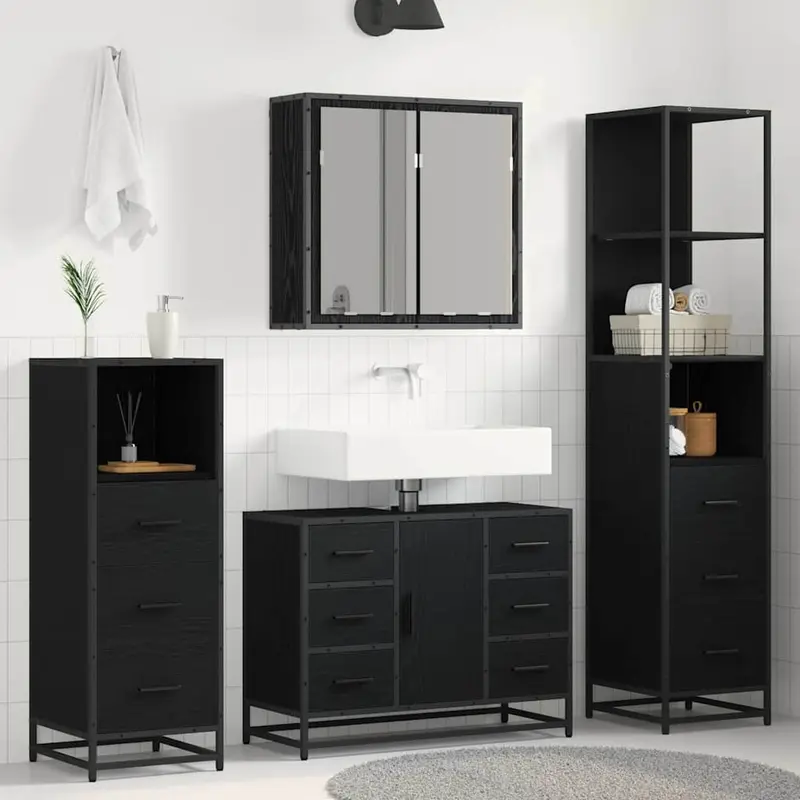Juego de muebles de baño 4 pcs Roble Negro Madera de ingeniería