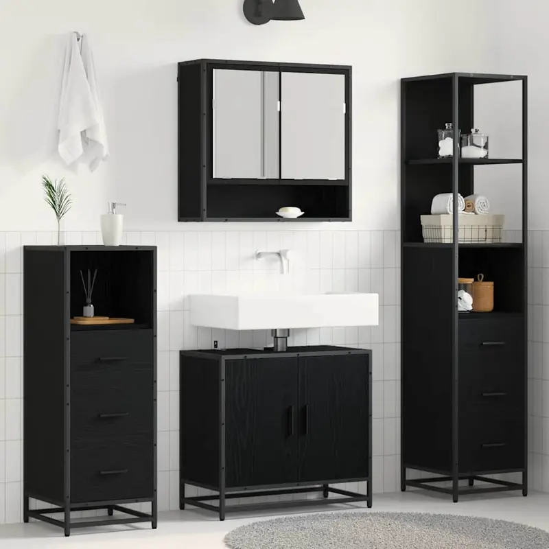 Juego de muebles de baño 4 pcs Roble Negro Madera de ingeniería