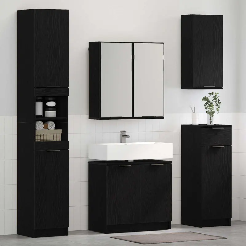 Juego de muebles de baño 4 pcs Roble Negro Madera de ingeniería