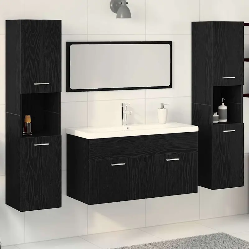 Juego de muebles de baño 4 pcs Roble Negro Madera de ingeniería