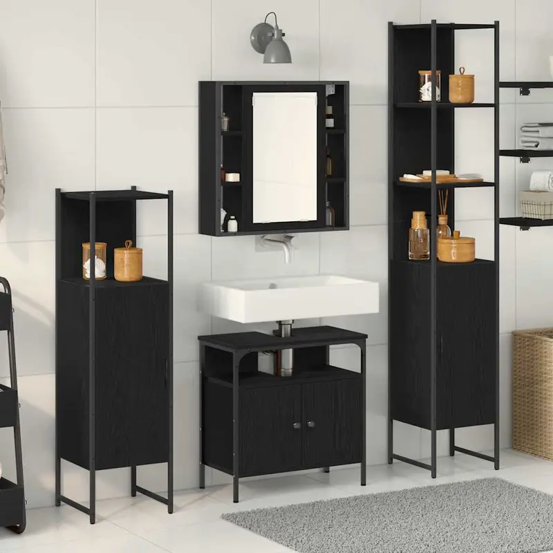 Juego de muebles de baño 4 pcs Roble Negro Madera de ingeniería