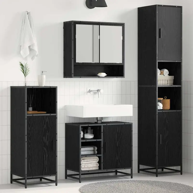Juego de muebles de baño 4 pcs Roble Negro Madera de ingeniería