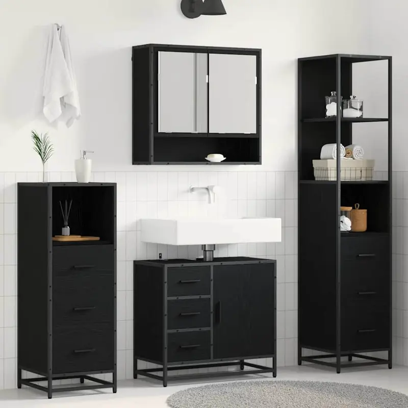 Juego de muebles de baño 4 pcs Roble Negro Madera de ingeniería