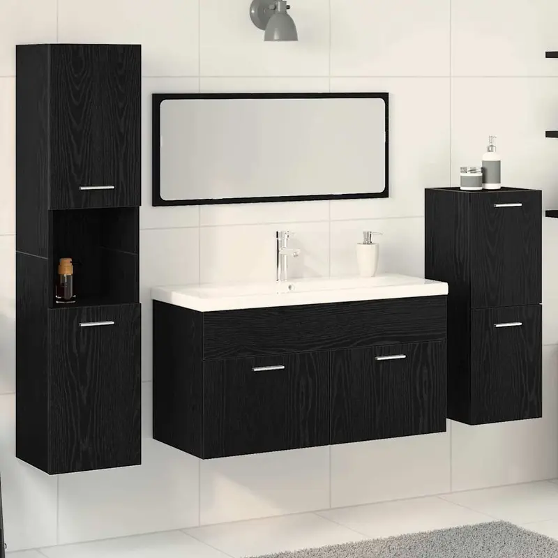 Juego de muebles de baño 4 pcs Roble Negro Madera de ingeniería
