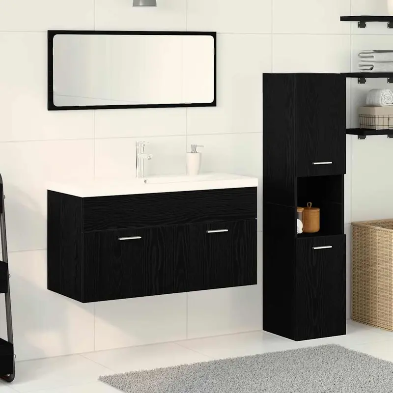 Juego de muebles de baño 4 pcs Roble Negro Madera de ingeniería