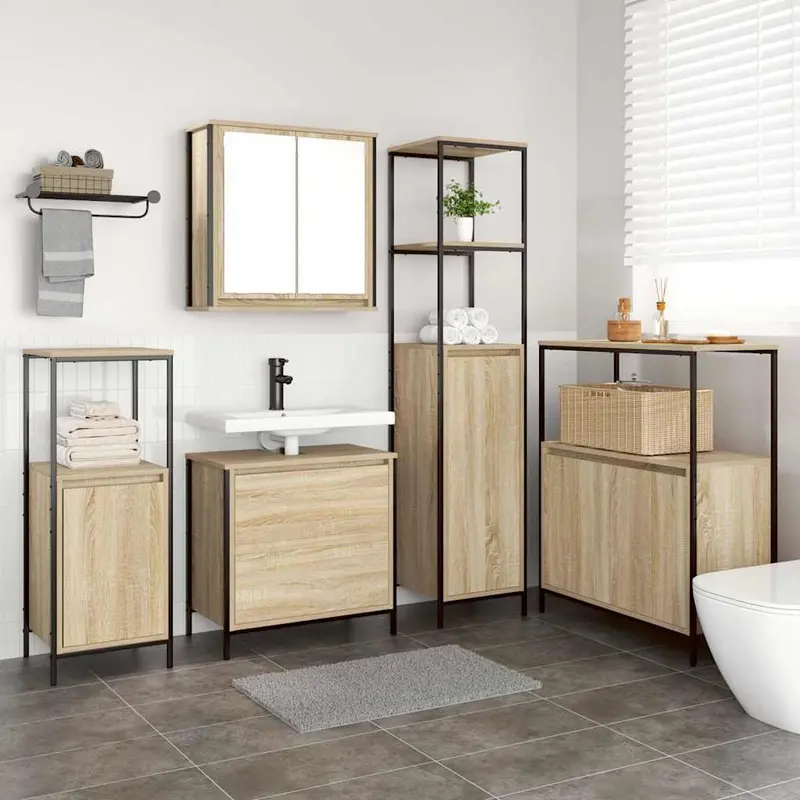 Juego de muebles de baño 5 pcs Beige Madera de ingeniería