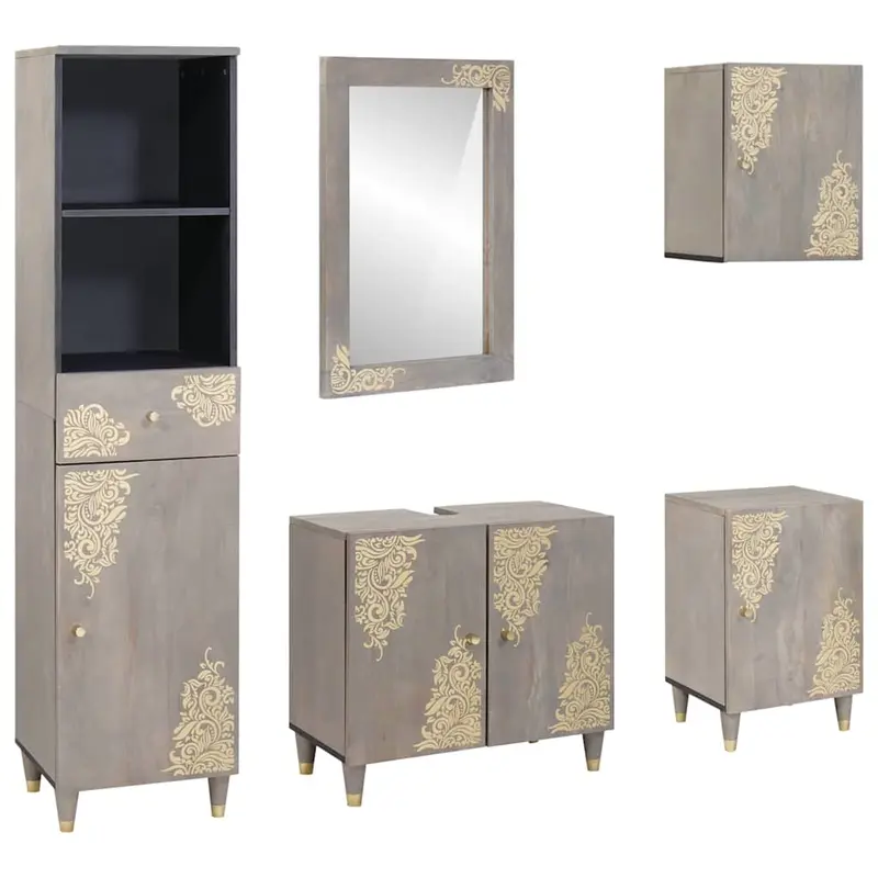 Juego de Muebles de Baño 5 pcs Gris Madera de mango maciza