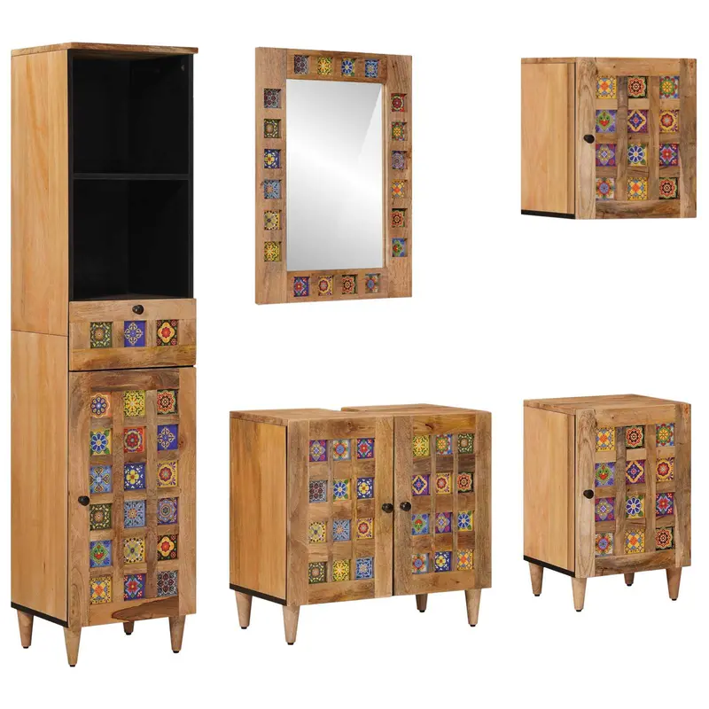 Juego de muebles de baño 5 pcs Natural Madera de mango maciza