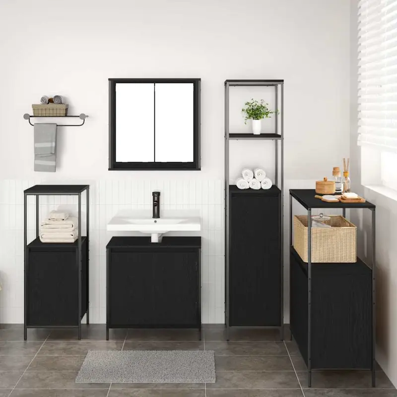 Juego de muebles de baño 5 pcs Roble Negro Madera de ingeniería