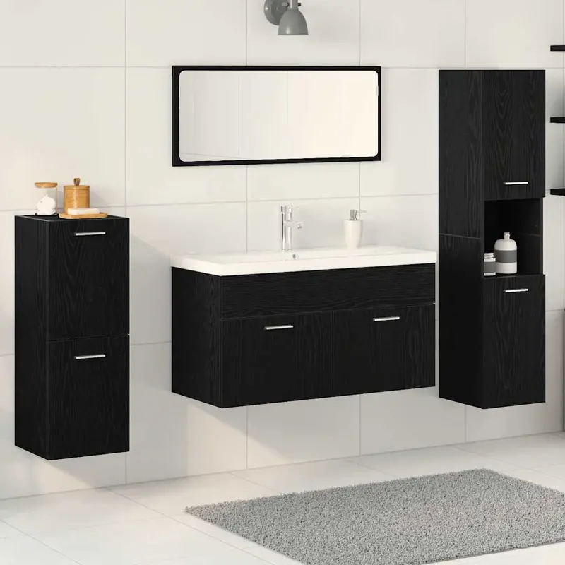 Juego de muebles de baño 5 pcs Roble Negro Madera de ingeniería