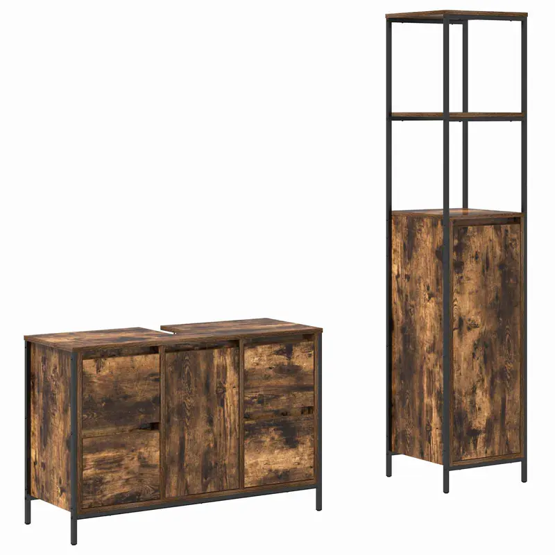 Juego de muebles de baño con cajón 2 pcs Roble Ahumado y Negro