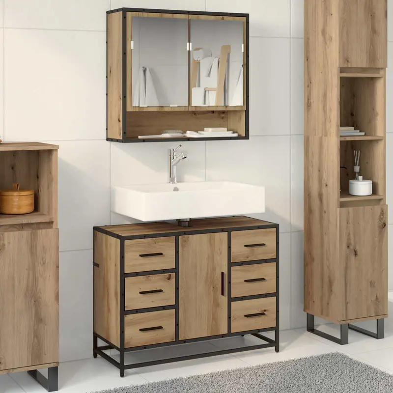 Juego de muebles de baño con cajón 2 pcs Roble artesanal
